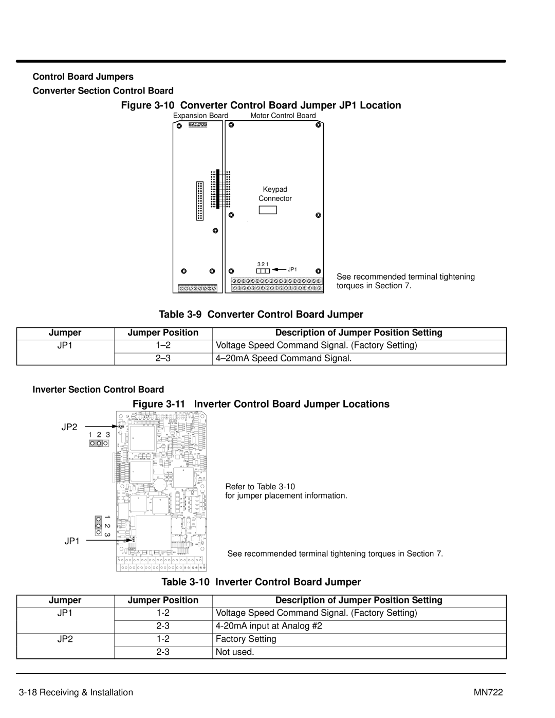 Baldor mn722 manual Converter Control Board Jumper, Inverter Control Board Jumper, Inverter Section Control Board 