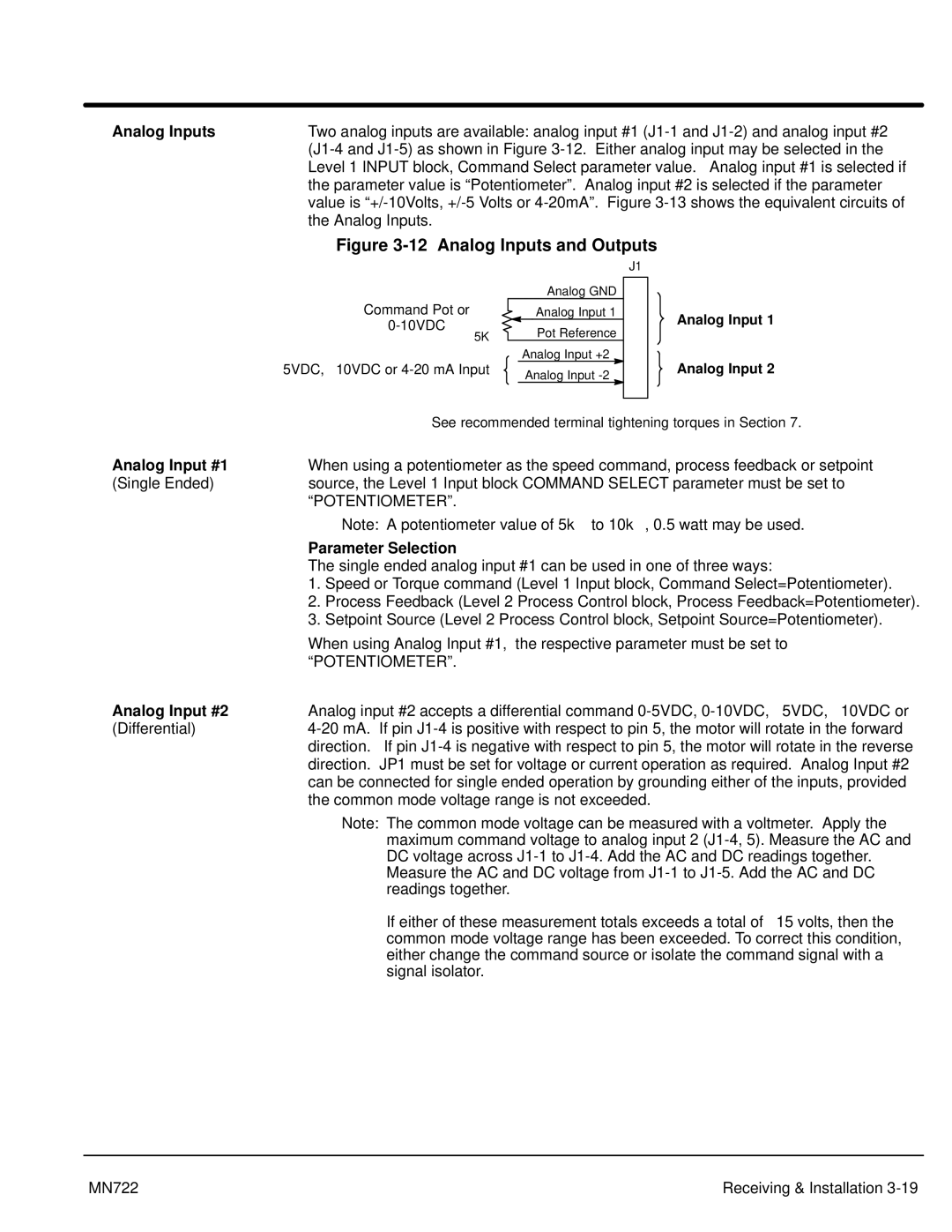 Baldor mn722 manual Analog Inputs, Analog Input #1, Parameter Selection, Analog Input #2 