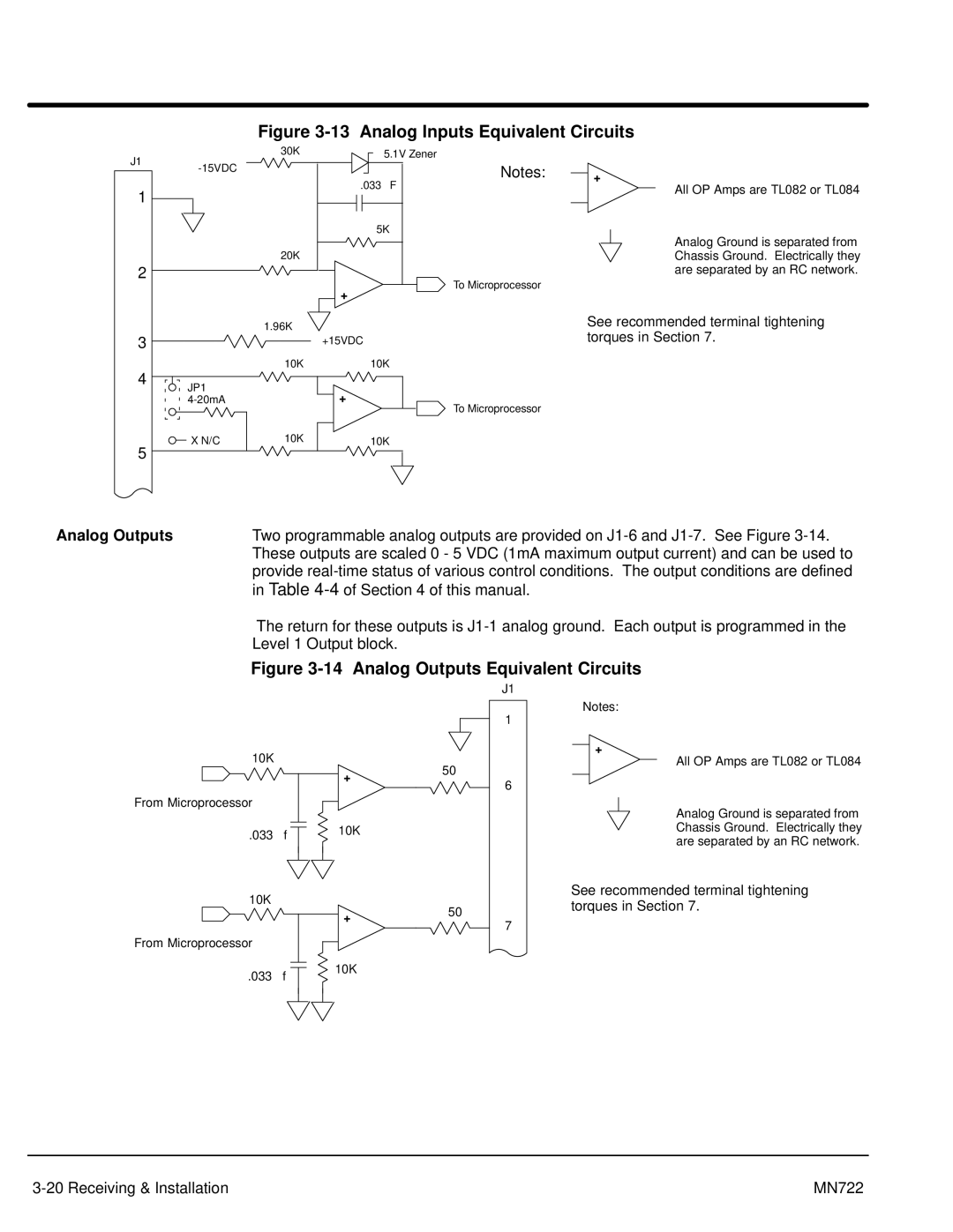 Baldor mn722 manual Analog Inputs Equivalent Circuits, Analog Outputs 