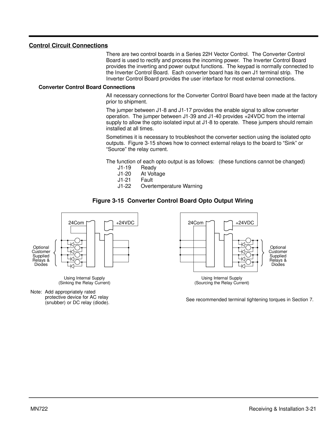 Baldor mn722 manual Control Circuit Connections, Converter Control Board Connections 