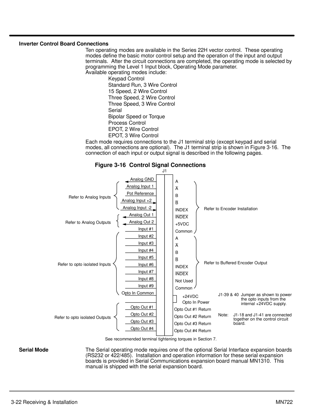Baldor mn722 manual Control Signal Connections, Inverter Control Board Connections, Serial Mode 