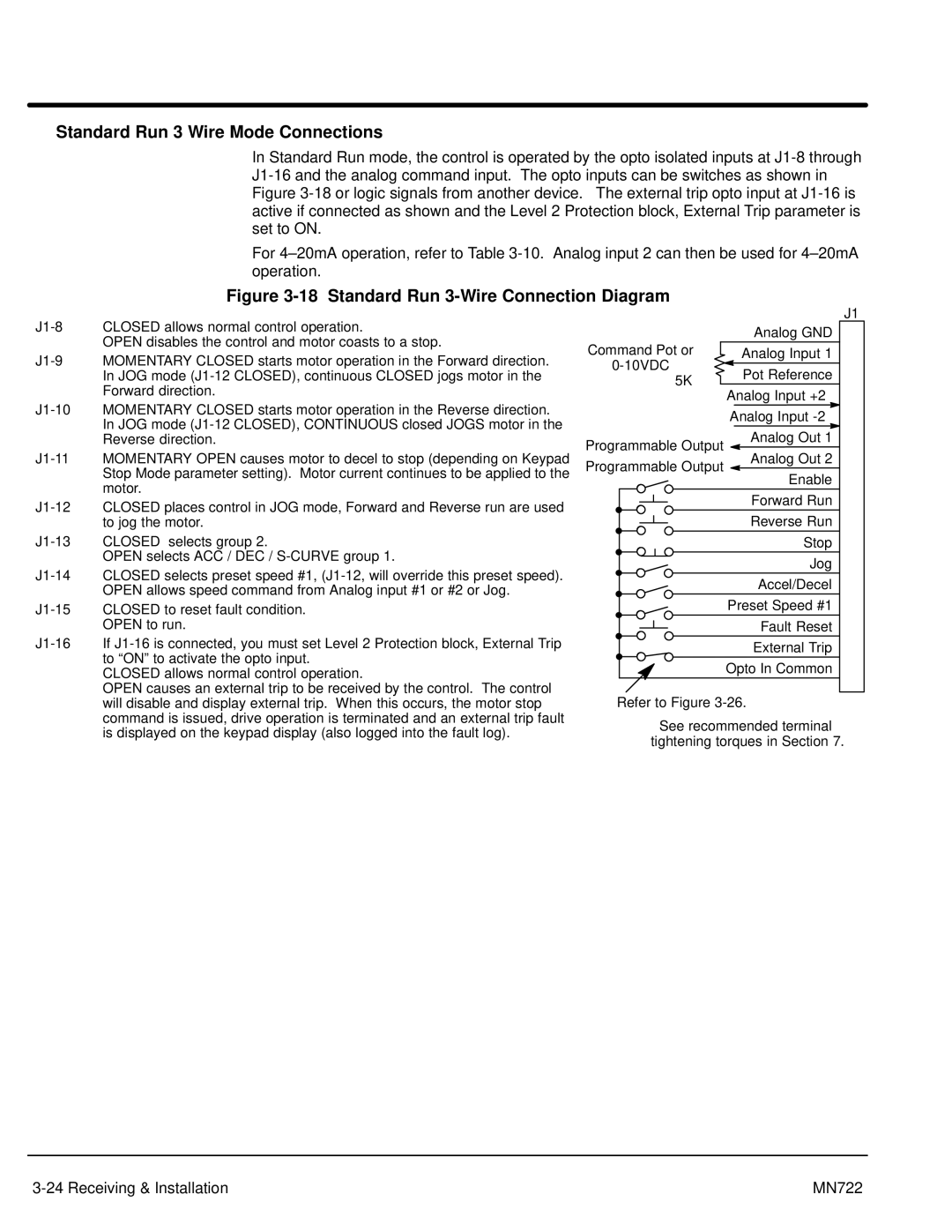 Baldor mn722 manual Standard Run 3 Wire Mode Connections, 5KW 