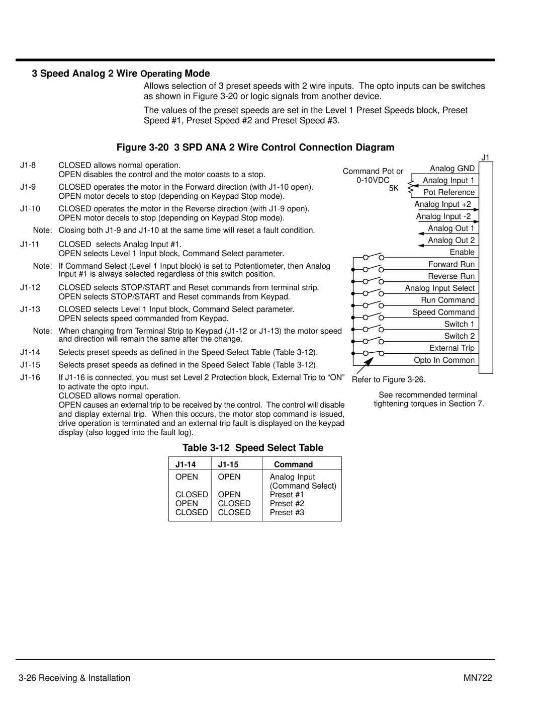 Baldor mn722 manual Speed Analog 2 Wire Operating Mode, Speed Select Table, J1-14 J1-15 Command 