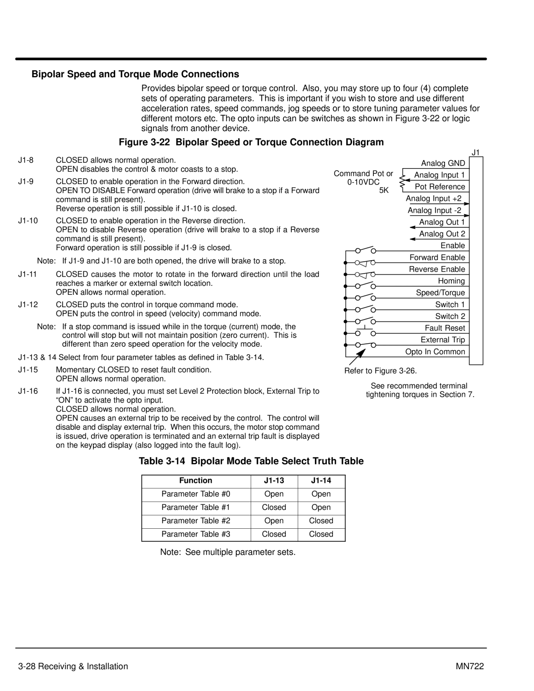 Baldor mn722 manual Bipolar Speed and Torque Mode Connections, Bipolar Mode Table Select Truth Table, Function J1-13 J1-14 