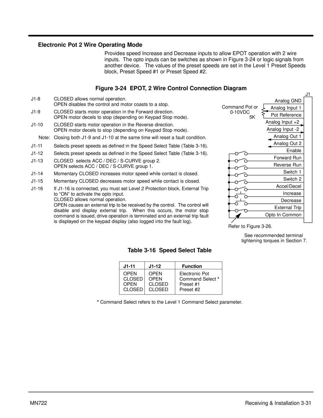 Baldor mn722 manual Electronic Pot 2 Wire Operating Mode, Speed Select Table, J1-11 J1-12 Function 