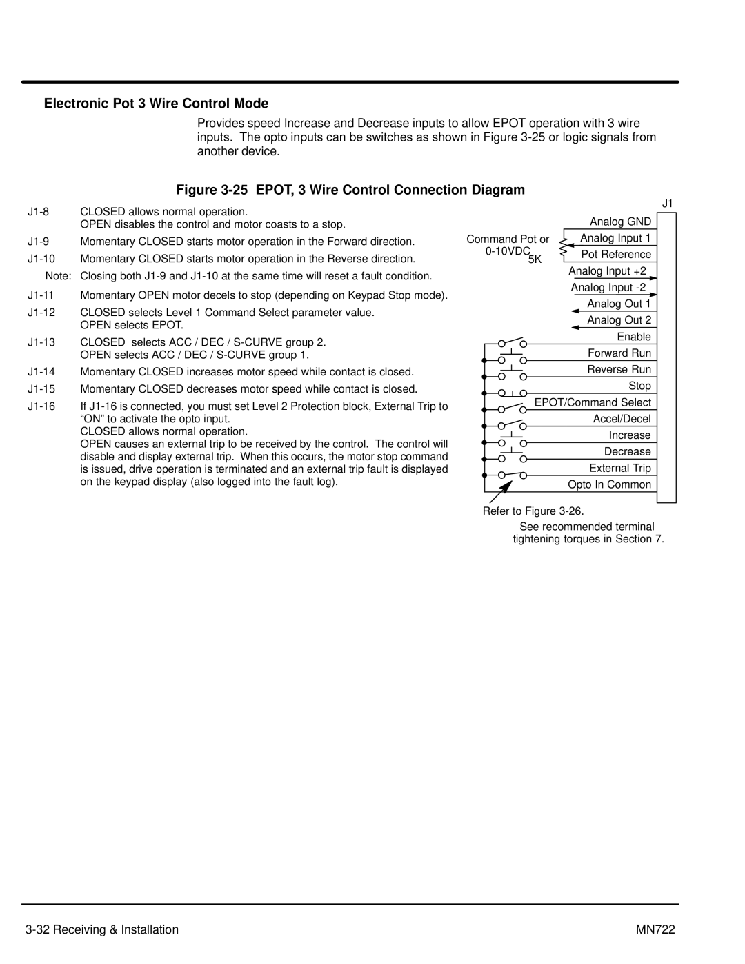 Baldor mn722 manual Electronic Pot 3 Wire Control Mode, EPOT, 3 Wire Control Connection Diagram 