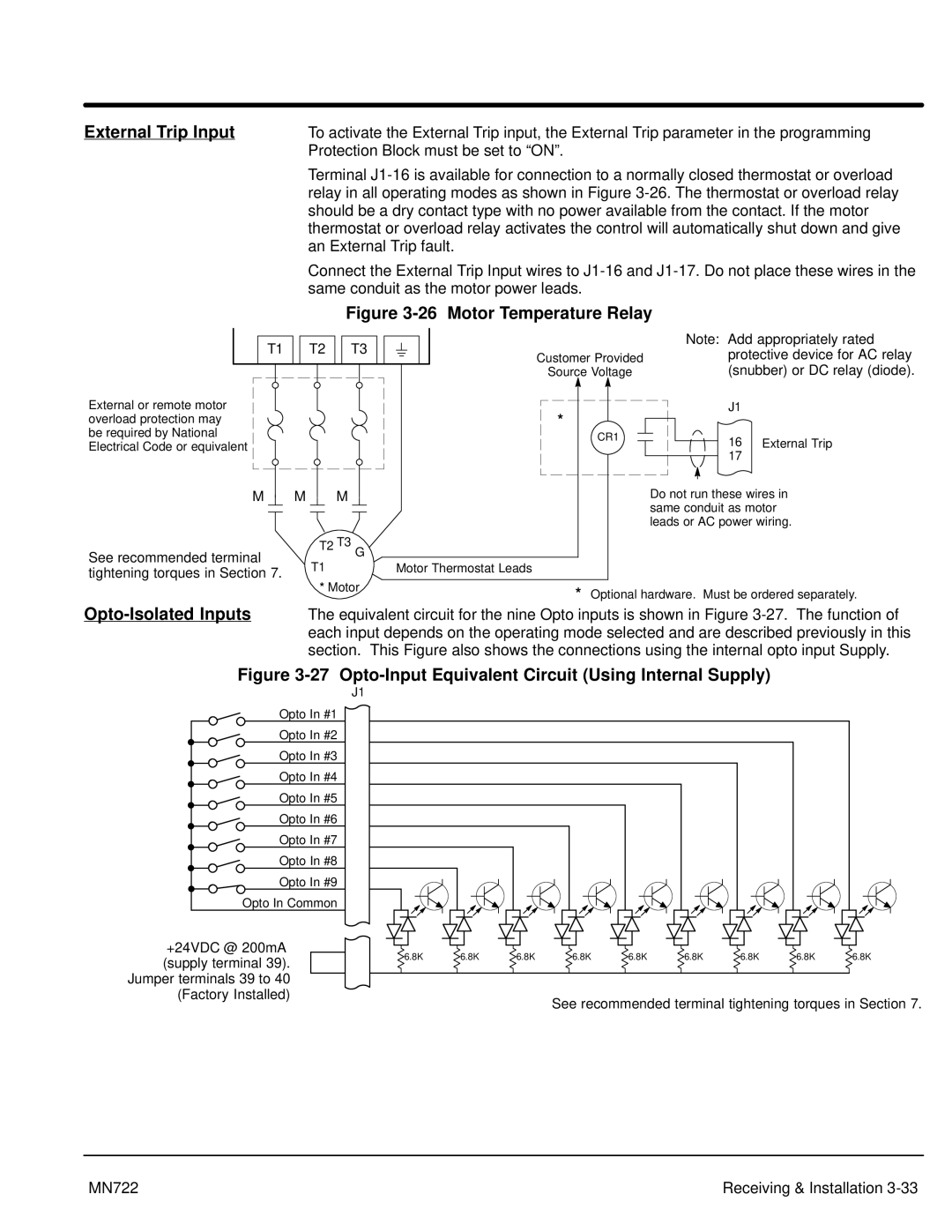 Baldor mn722 manual External Trip Input, Opto-Isolated Inputs 