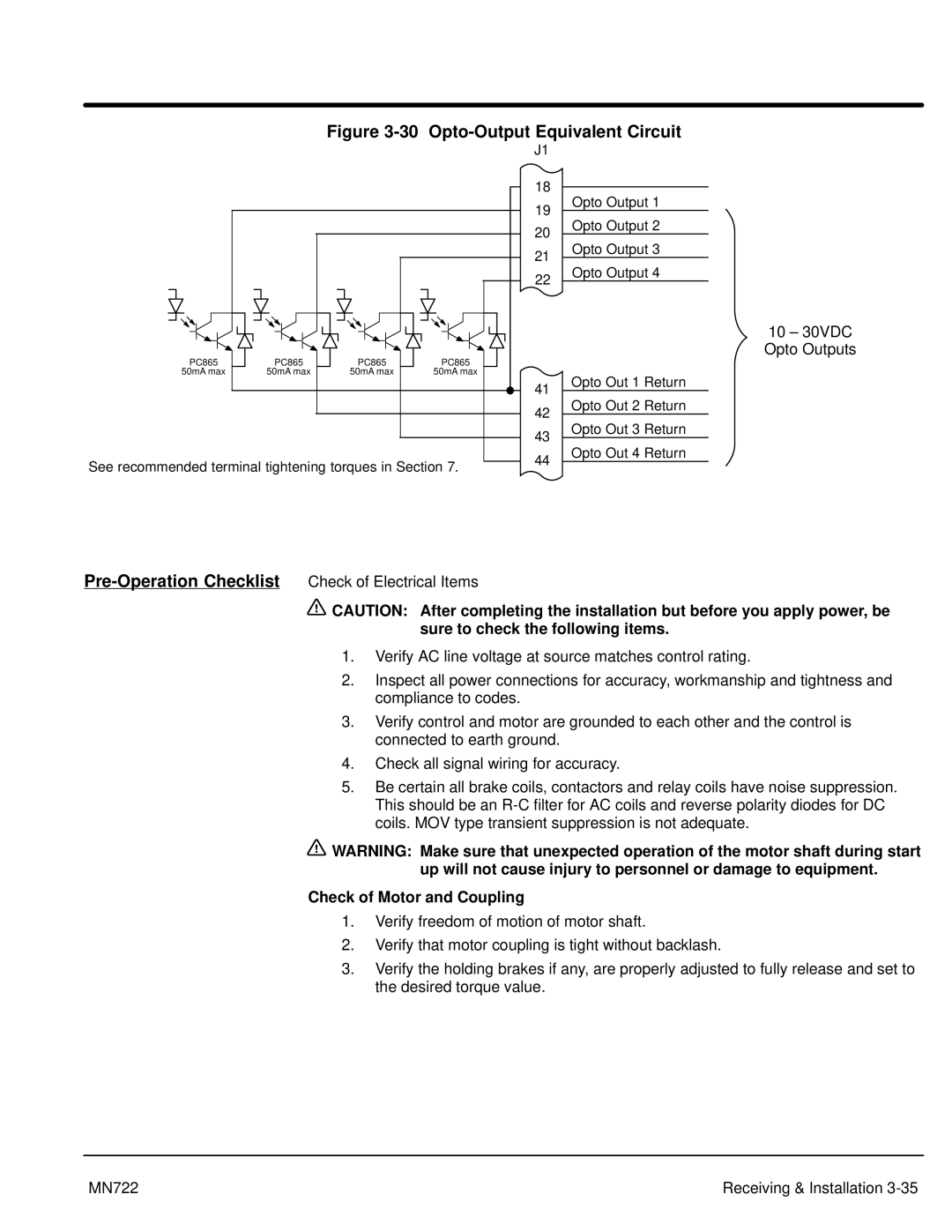 Baldor mn722 manual Opto-Output Equivalent Circuit, Pre-Operation Checklist 