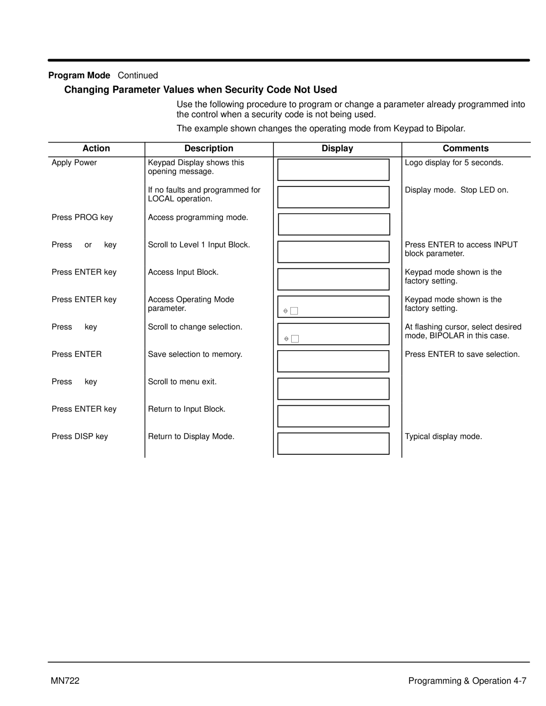 Baldor mn722 manual Changing Parameter Values when Security Code Not Used, Program Mode 