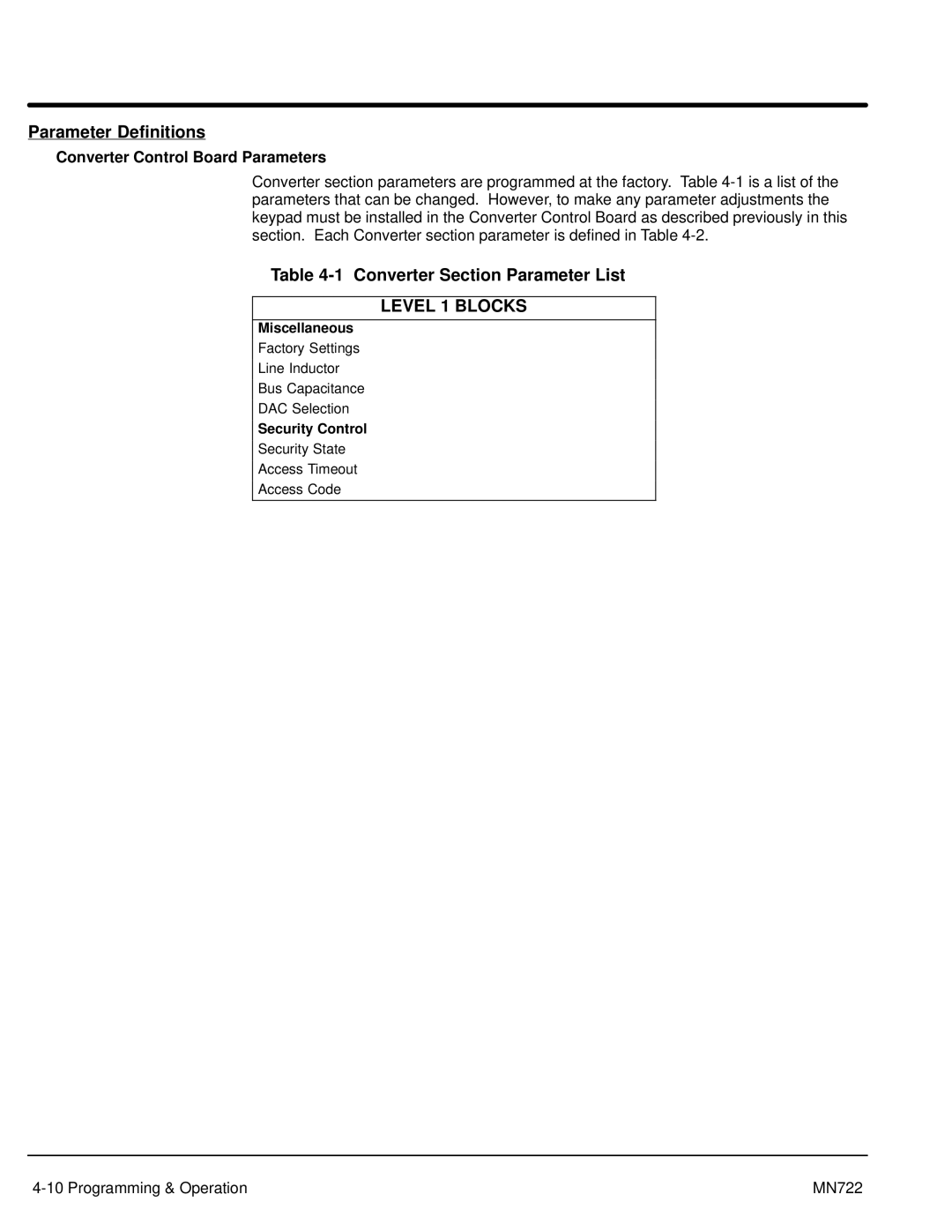 Baldor mn722 Parameter Definitions, Converter Section Parameter List, Converter Control Board Parameters, Miscellaneous 