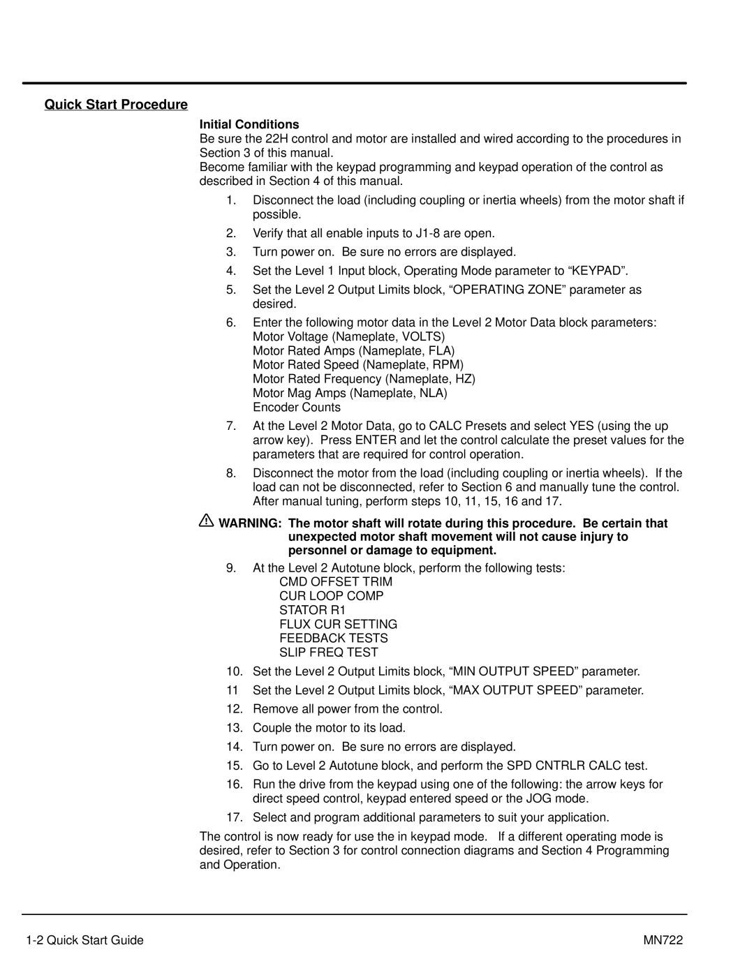 Baldor mn722 manual Quick Start Procedure, Initial Conditions 