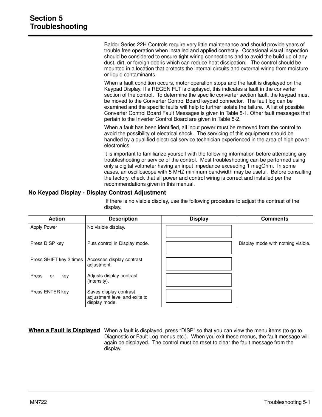 Baldor mn722 manual Section Troubleshooting, No Keypad Display Display Contrast Adjustment 