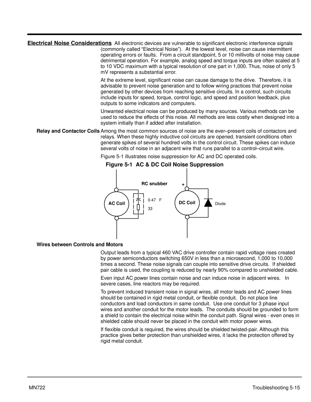 Baldor mn722 manual Wires between Controls and Motors, AC Coil RC snubber, DC Coil 