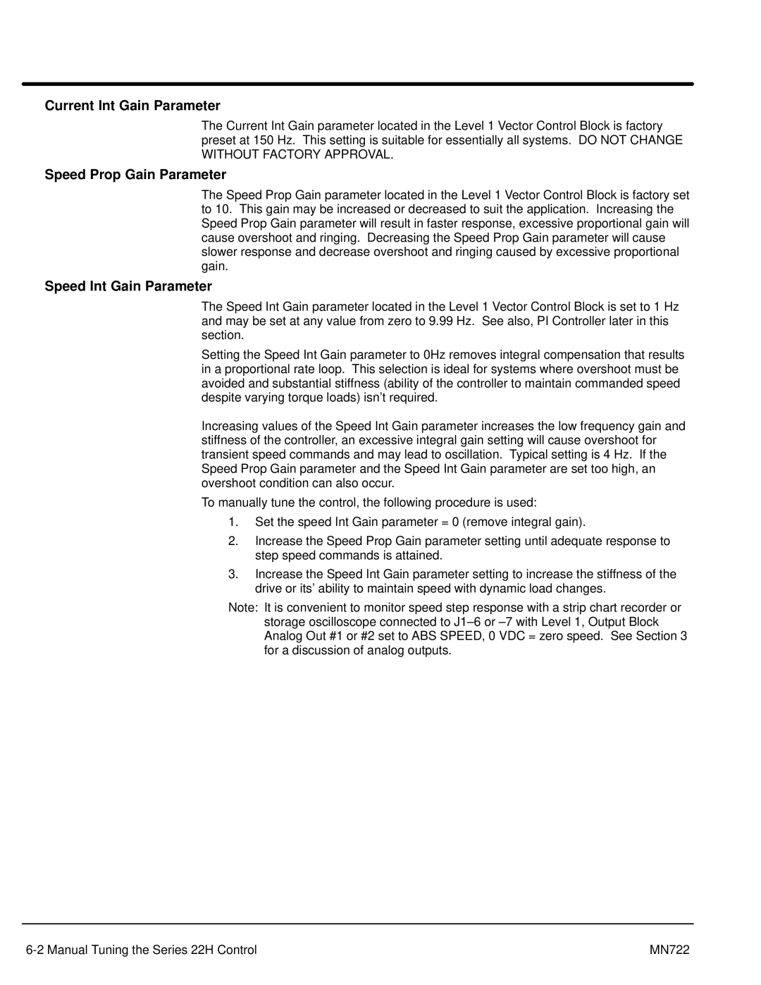Baldor mn722 manual Current Int Gain Parameter, Speed Prop Gain Parameter, Speed Int Gain Parameter 