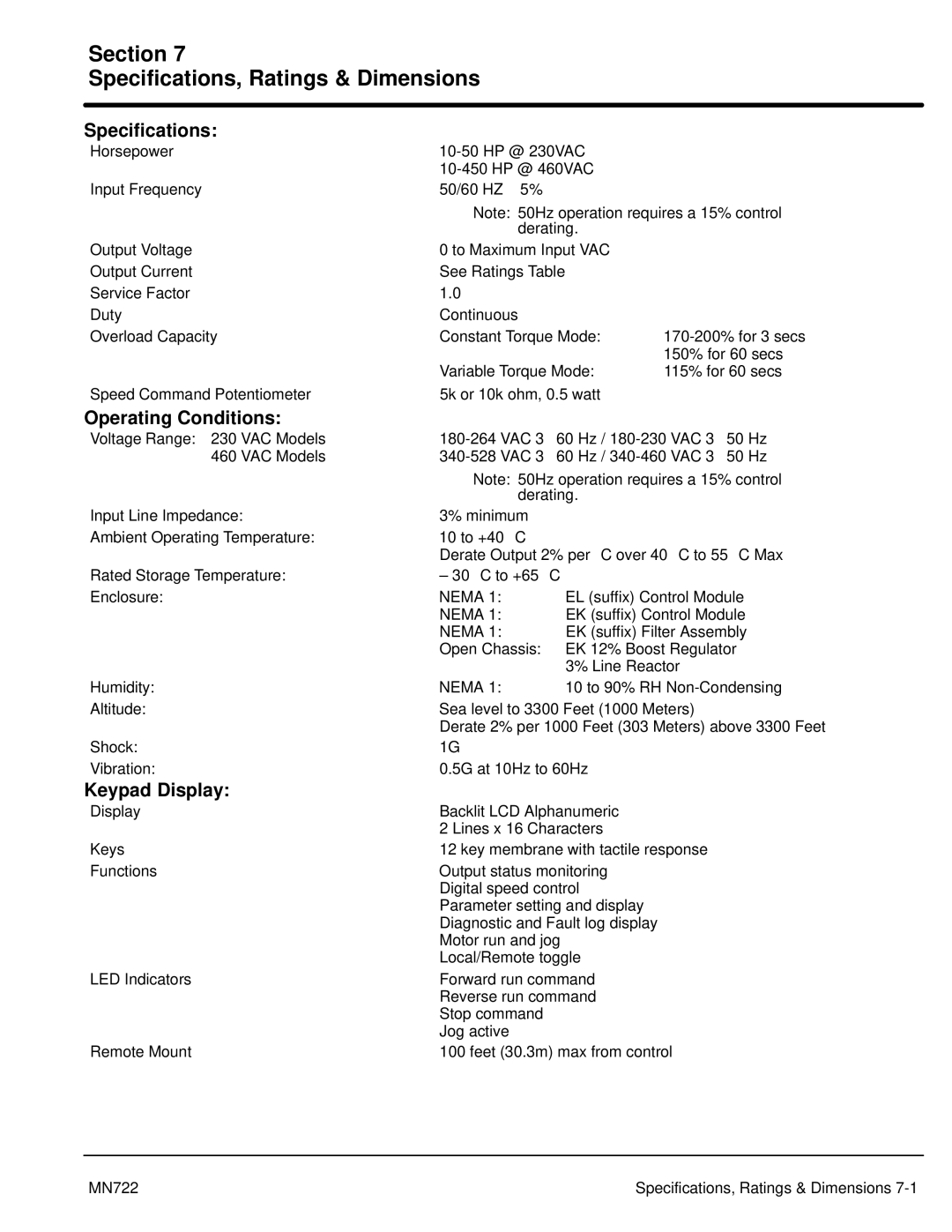 Baldor mn722 manual Section Specifications, Ratings & Dimensions 