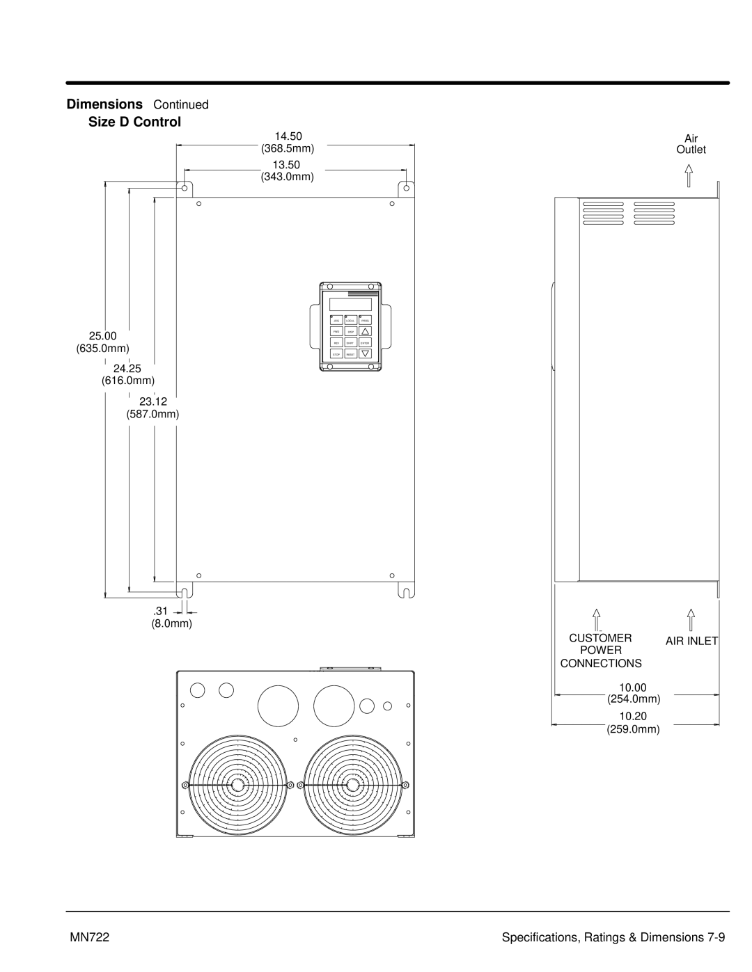 Baldor mn722 manual Dimensions Size D Control, Customer AIR Inlet Power Connections 