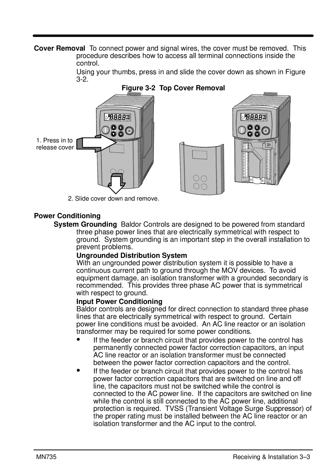 Baldor MN735 manual Ungrounded Distribution System, Input Power Conditioning 