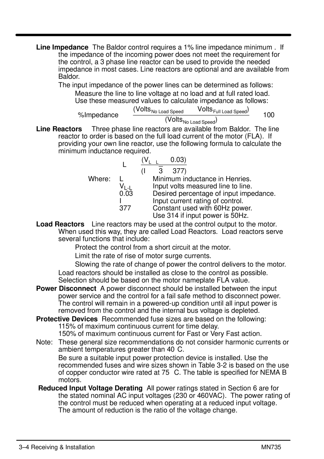 Baldor MN735 manual Impedance + 