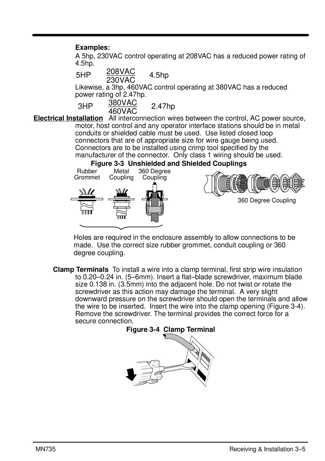 Baldor MN735 manual Unshielded and Shielded Couplings, Clamp Terminal 