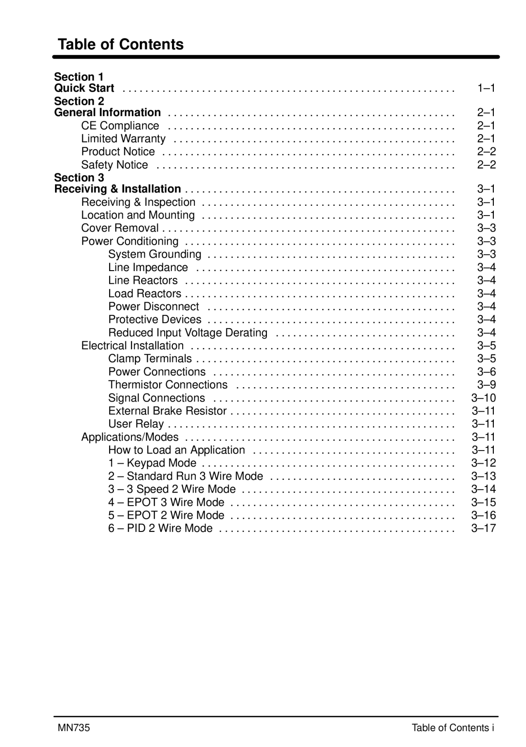 Baldor MN735 manual Table of Contents 