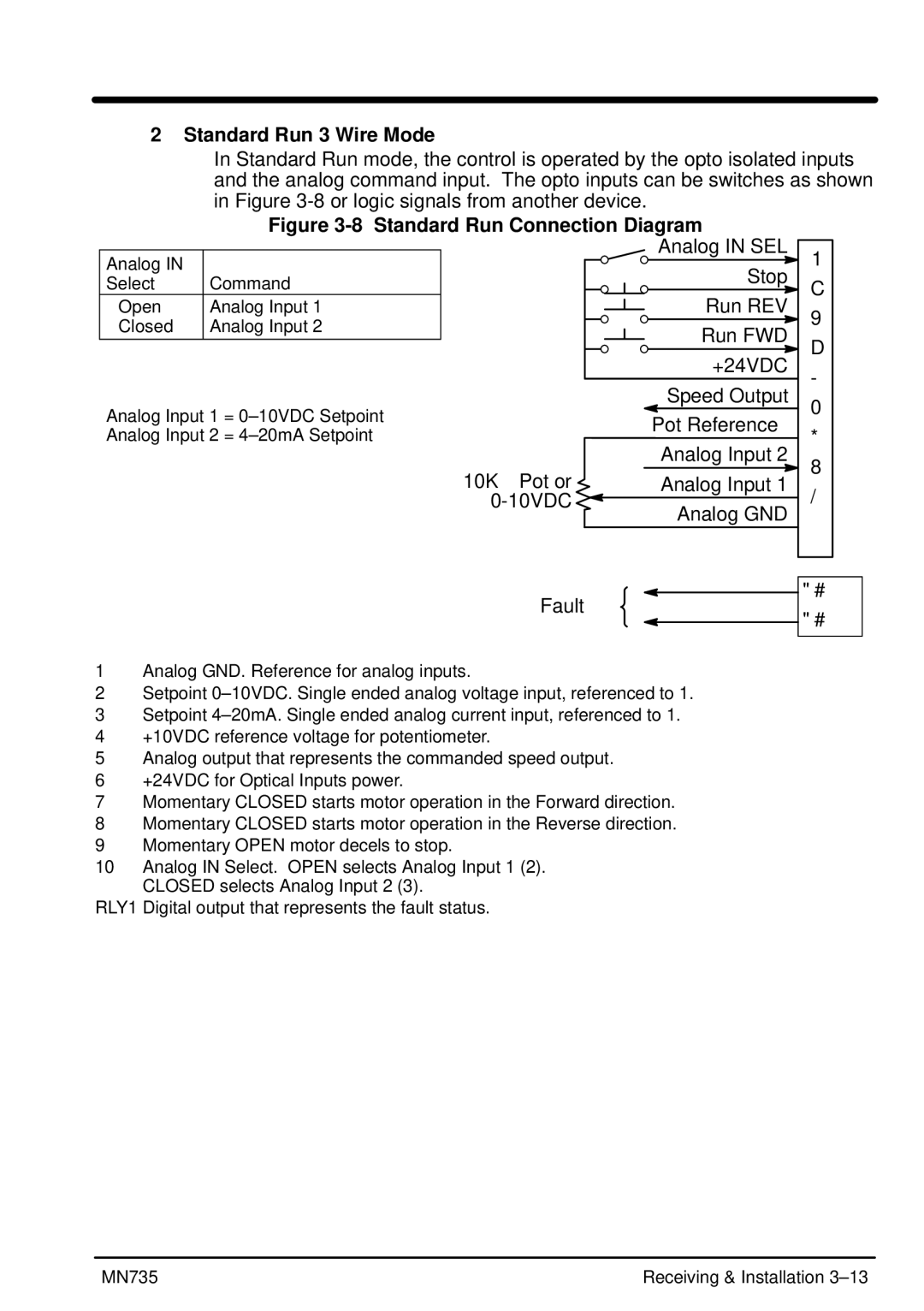 Baldor MN735 manual Standard Run 3 Wire Mode, Standard Run Connection Diagram 