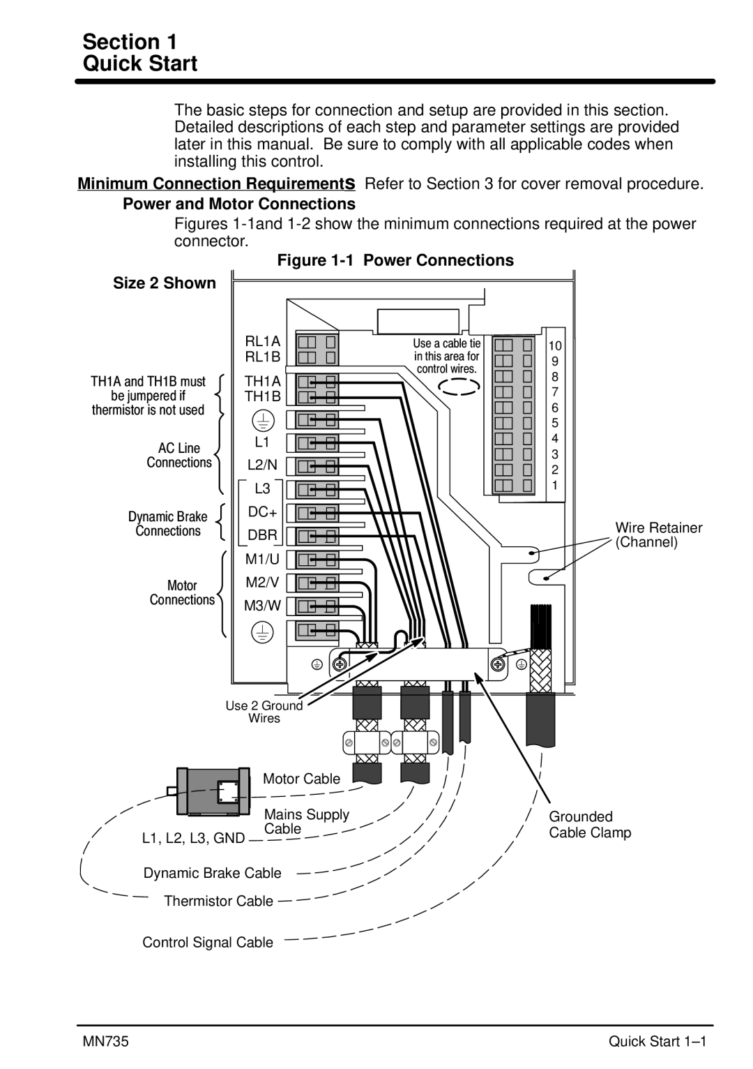 Baldor MN735 manual Section Quick Start, Power and Motor Connections 