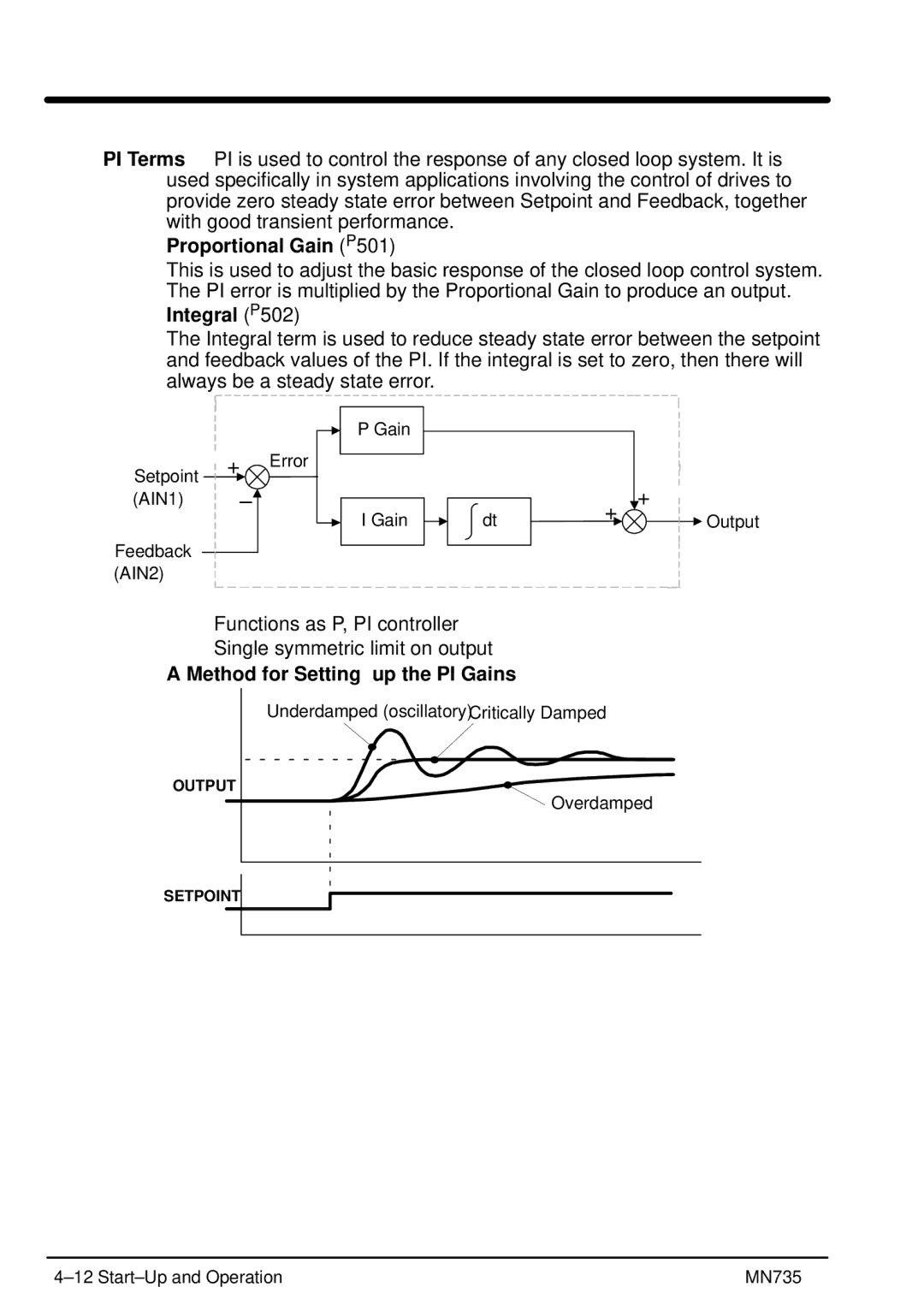 Baldor MN735 manual Proportional Gain P501, Integral P502, Method for Setting-up the PI Gains 