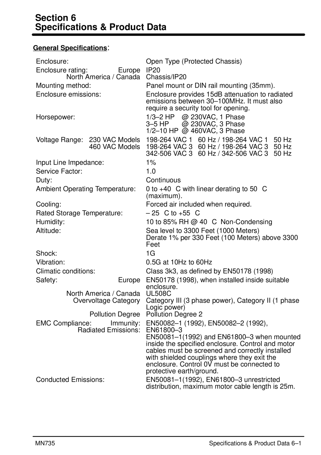 Baldor MN735 manual Section Specifications & Product Data, General Specifications 