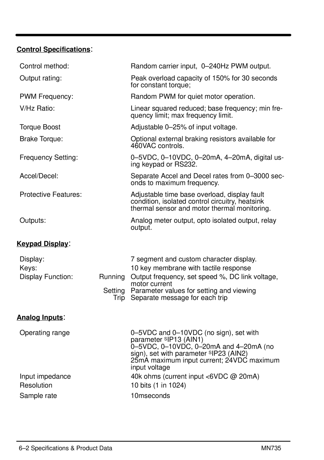 Baldor MN735 manual Control Specifications, Keypad Display, Analog Inputs 