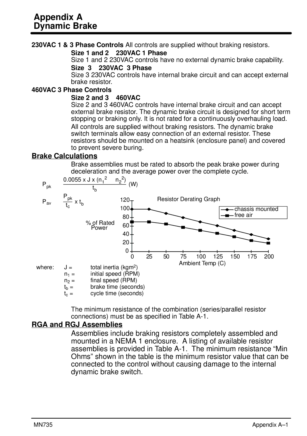 Baldor MN735 manual Appendix a Dynamic Brake, Size 1 and 2 230VAC 1 Phase, Size 3 230VAC 3 Phase 
