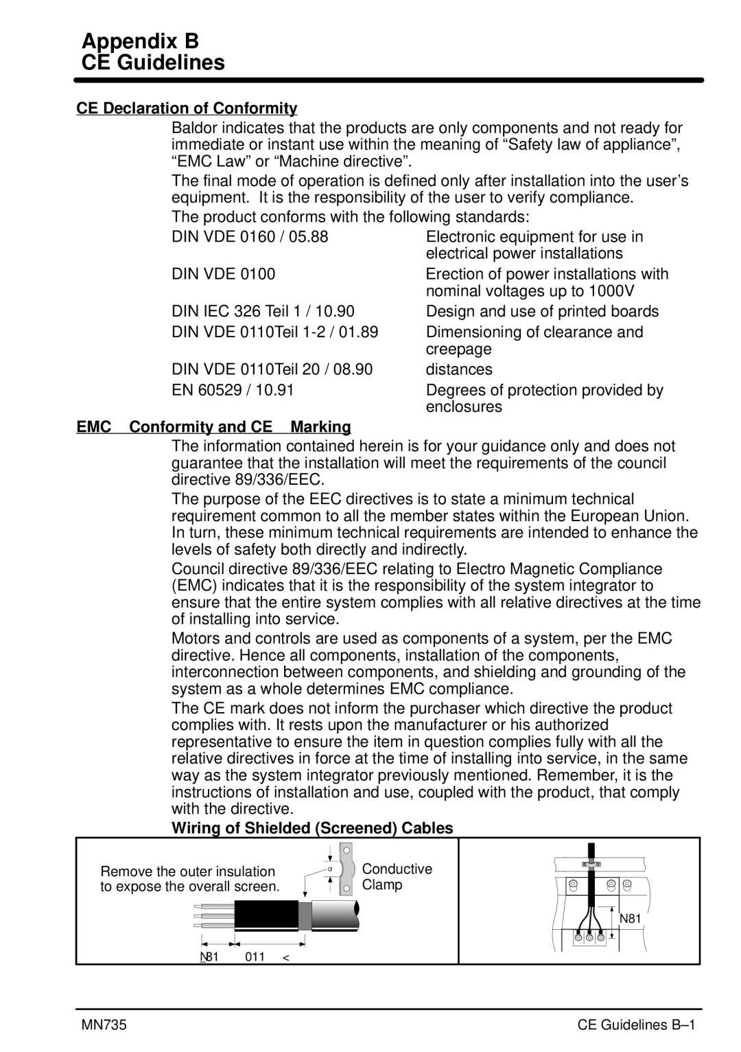 Baldor MN735 manual Appendix B CE Guidelines, CE Declaration of Conformity, EMC Conformity and CE Marking 