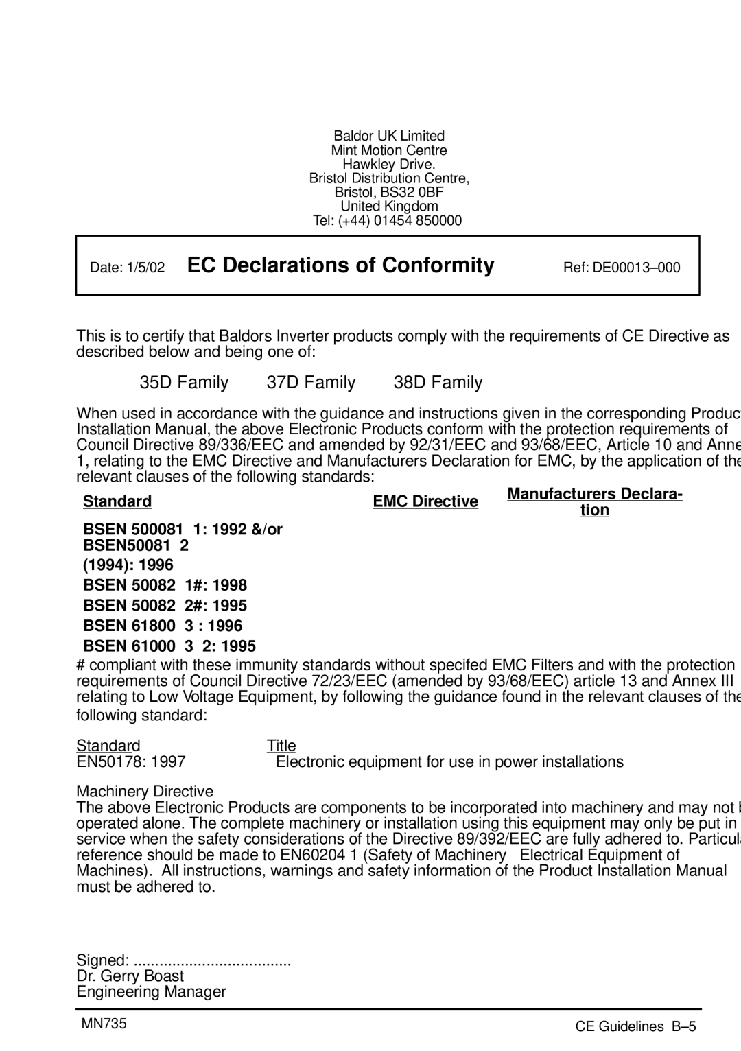 Baldor MN735 manual Date 1/5/02 EC Declarations of Conformity, Standard EMC Directive, Tion 