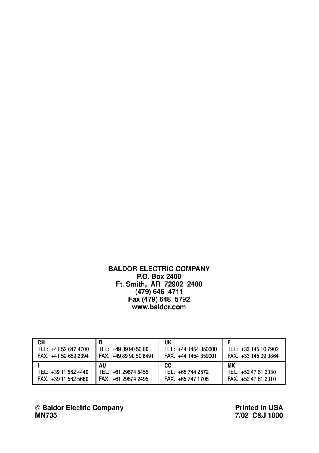 Baldor manual Box Ft. Smith, AR 479 Fax 479,  Baldor Electric Company MN735 02 C&J 