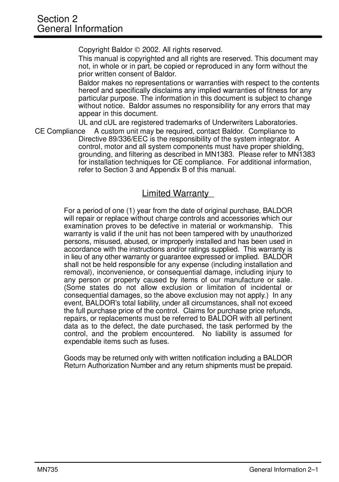 Baldor MN735 manual Section General Information, Limited Warranty 