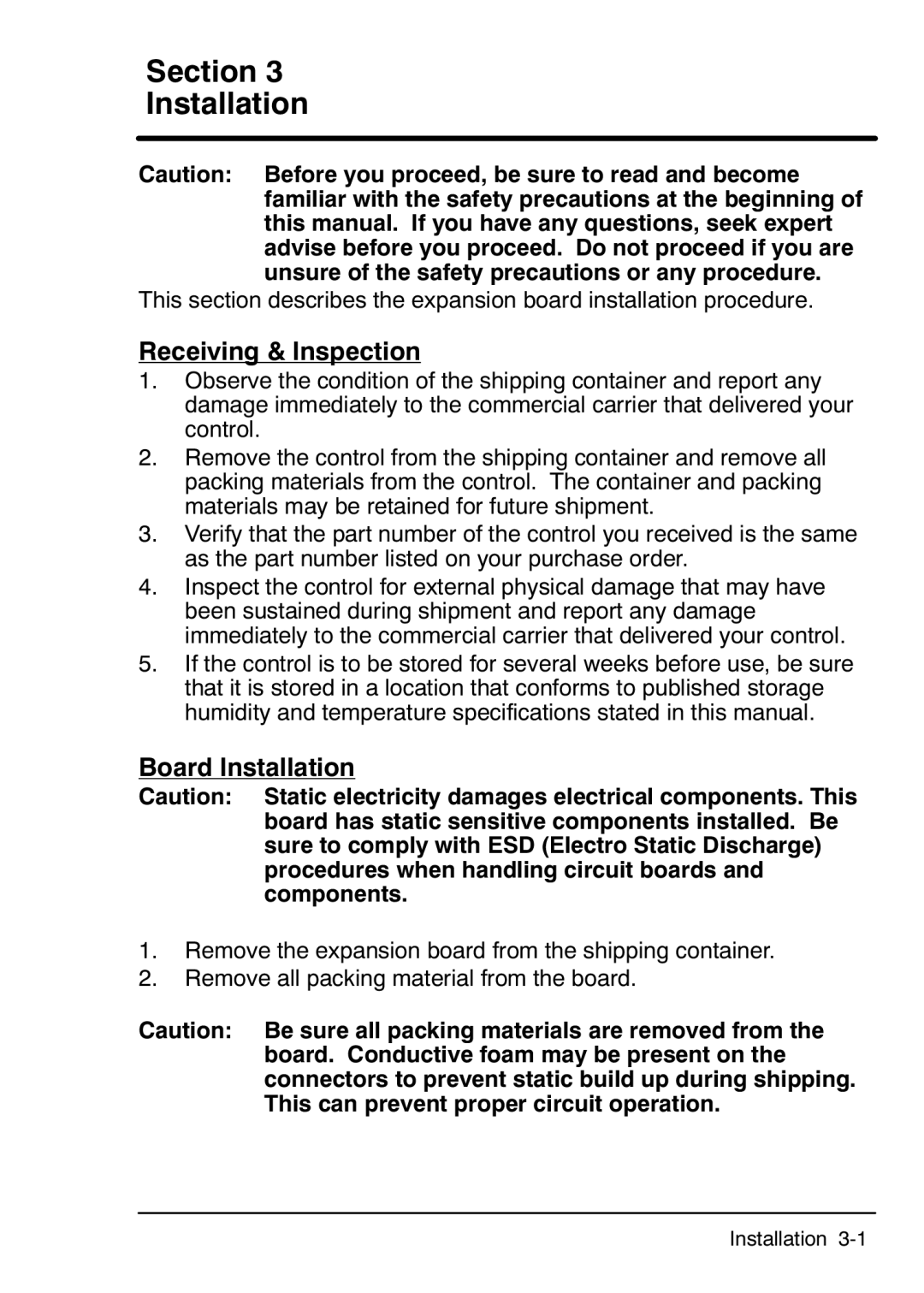 Baldor MN754 manual Section Installation, Receiving & Inspection, Board Installation 