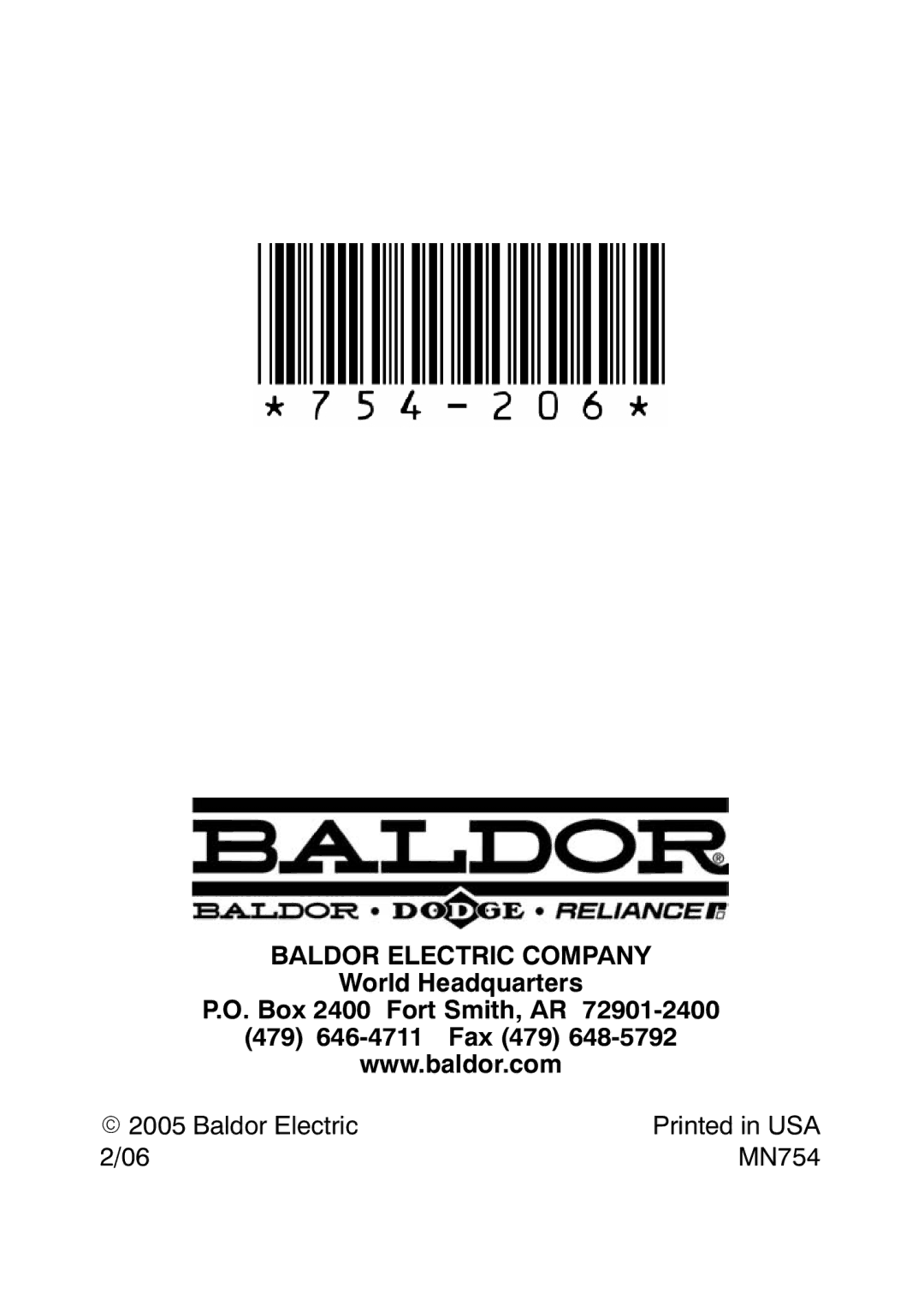 Baldor MN754 manual World Headquarters Box 2400 Fort Smith, AR 