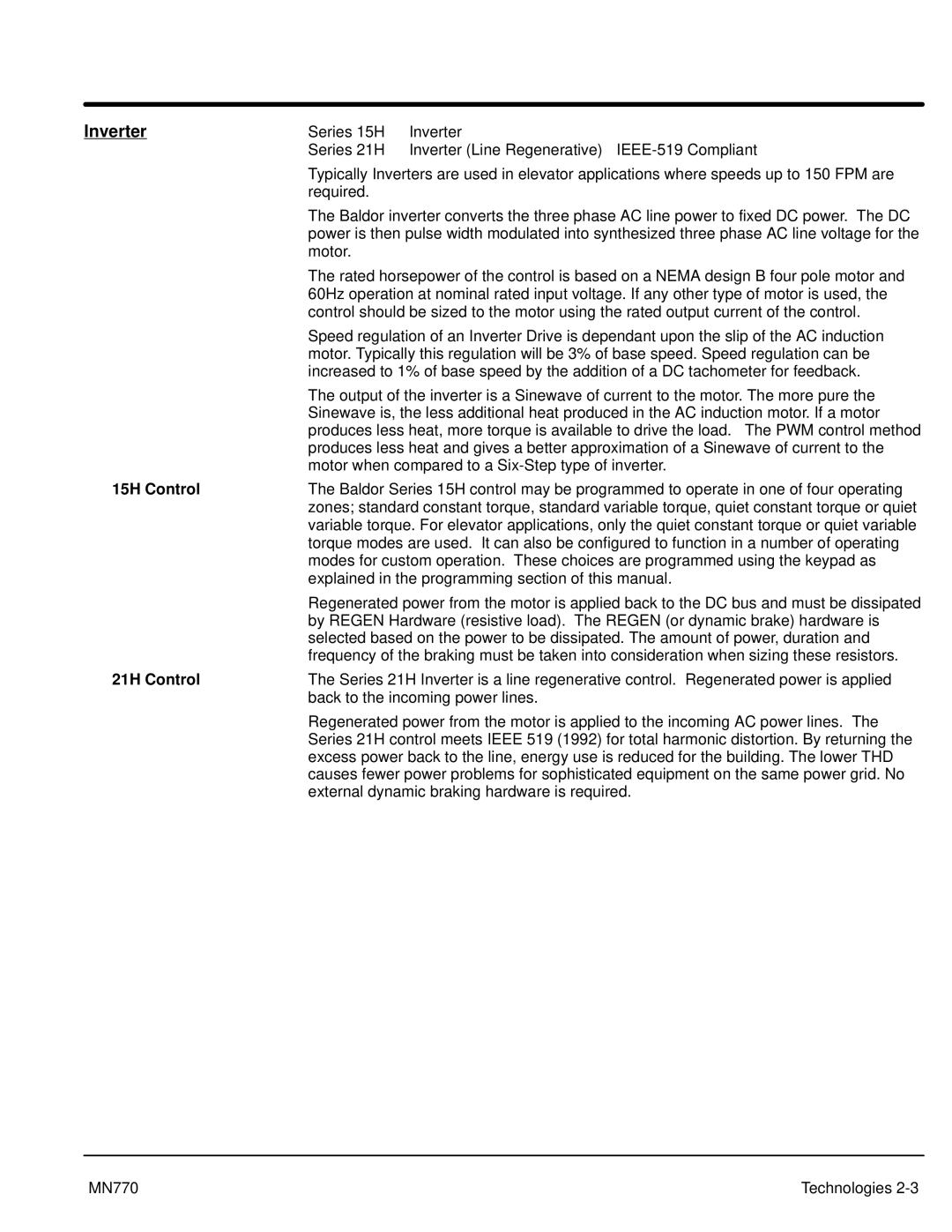 Baldor MN770 manual Inverter, 15H Control, 21H Control 