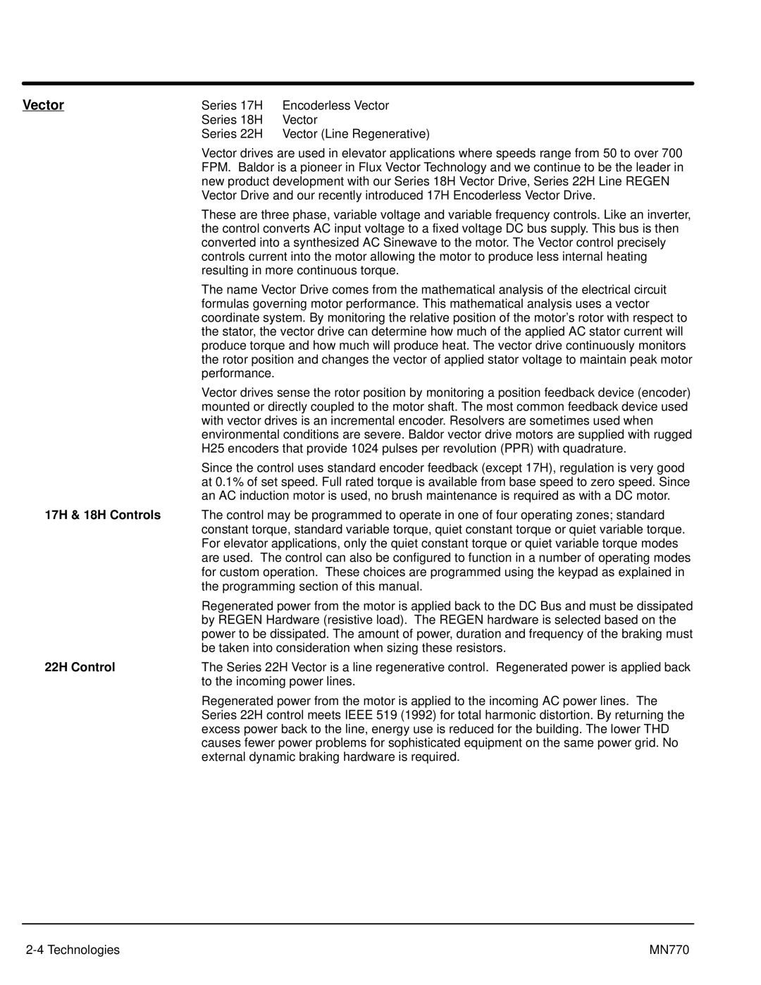 Baldor MN770 manual Vector, 17H & 18H Controls, 22H Control 