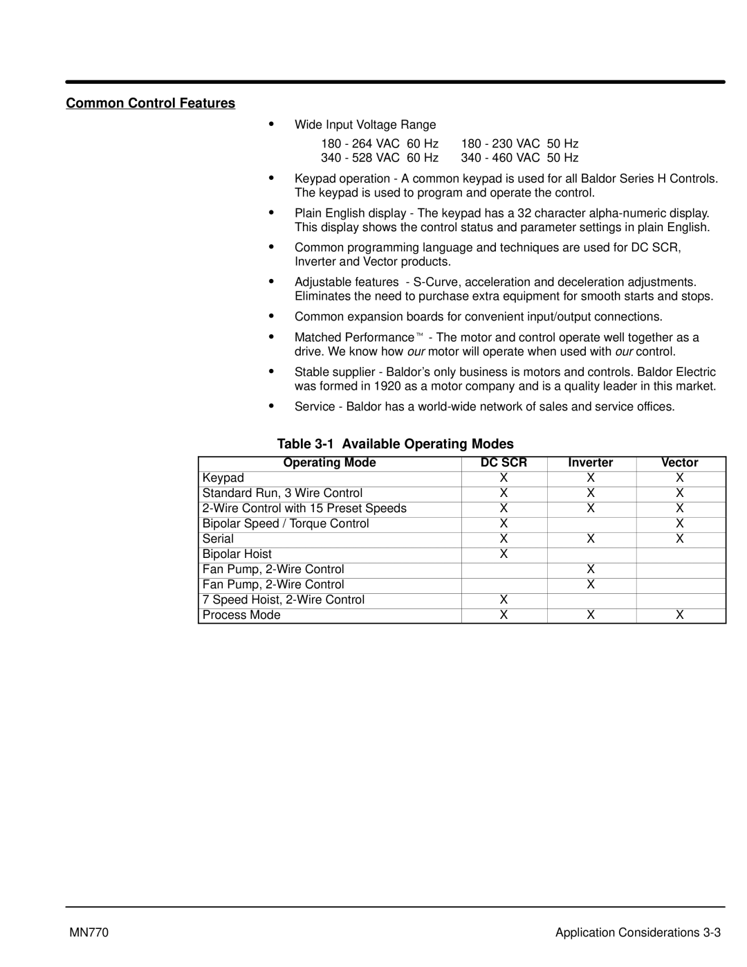 Baldor MN770 manual Common Control Features, Available Operating Modes 
