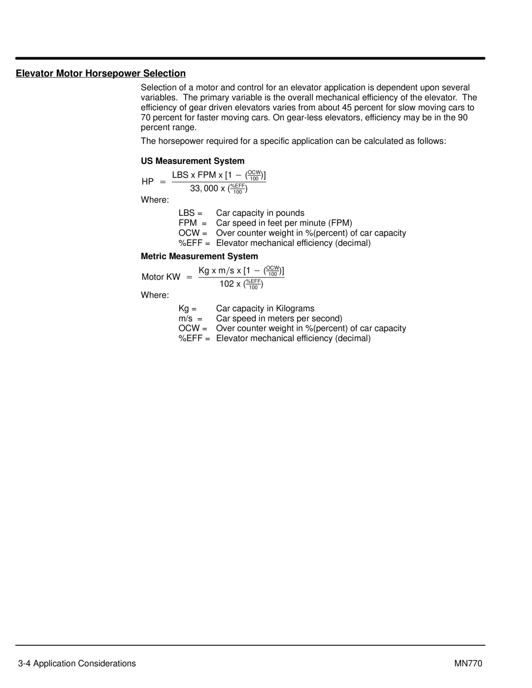 Baldor MN770 manual Elevator Motor Horsepower Selection, US Measurement System, Metric Measurement System 