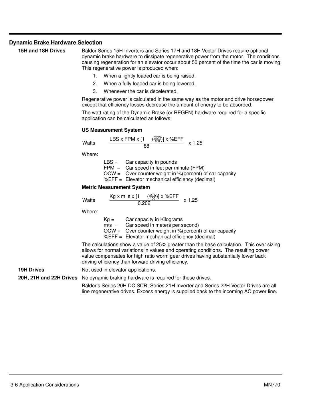 Baldor MN770 manual Dynamic Brake Hardware Selection, Ocw = 