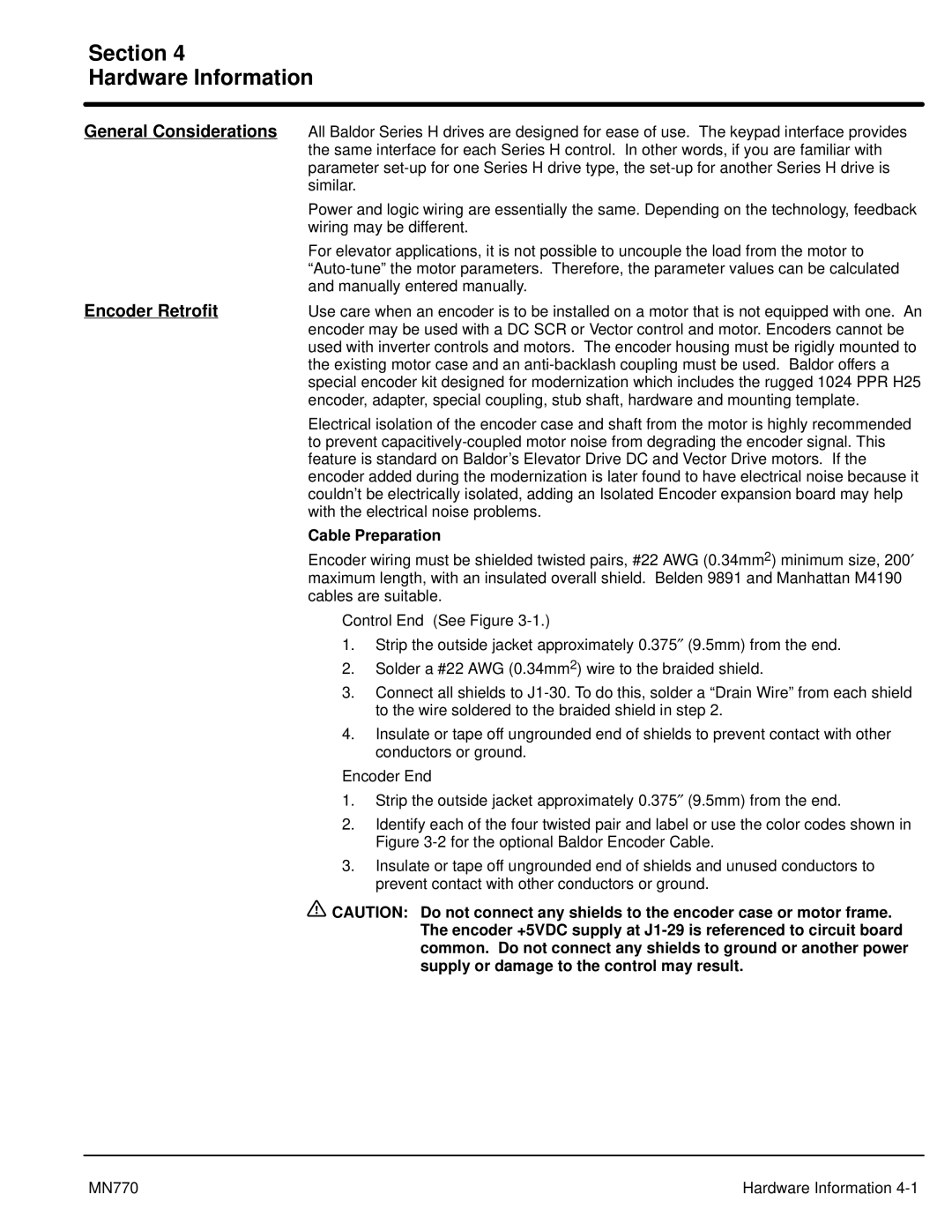 Baldor MN770 manual Section Hardware Information, General Considerations, Encoder Retrofit, Cable Preparation 