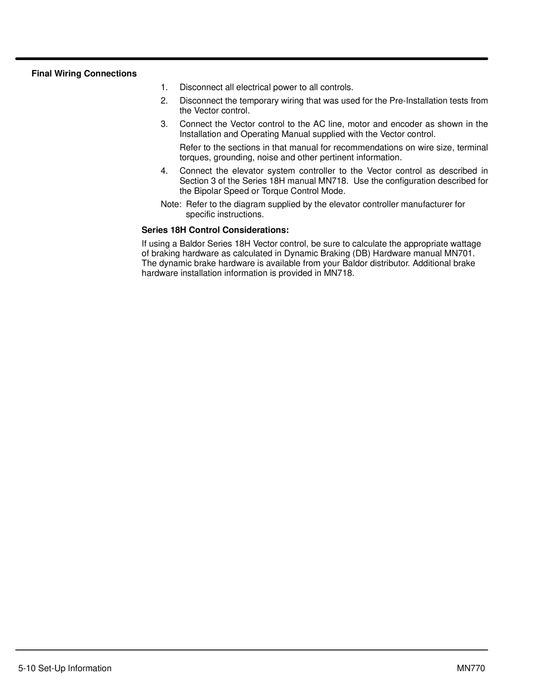 Baldor MN770 manual Final Wiring Connections, Series 18H Control Considerations 