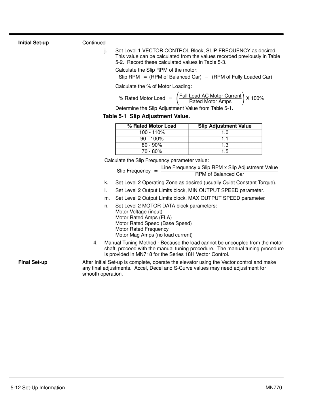 Baldor MN770 manual Rated Motor Load Slip Adjustment Value, Final Set-up 