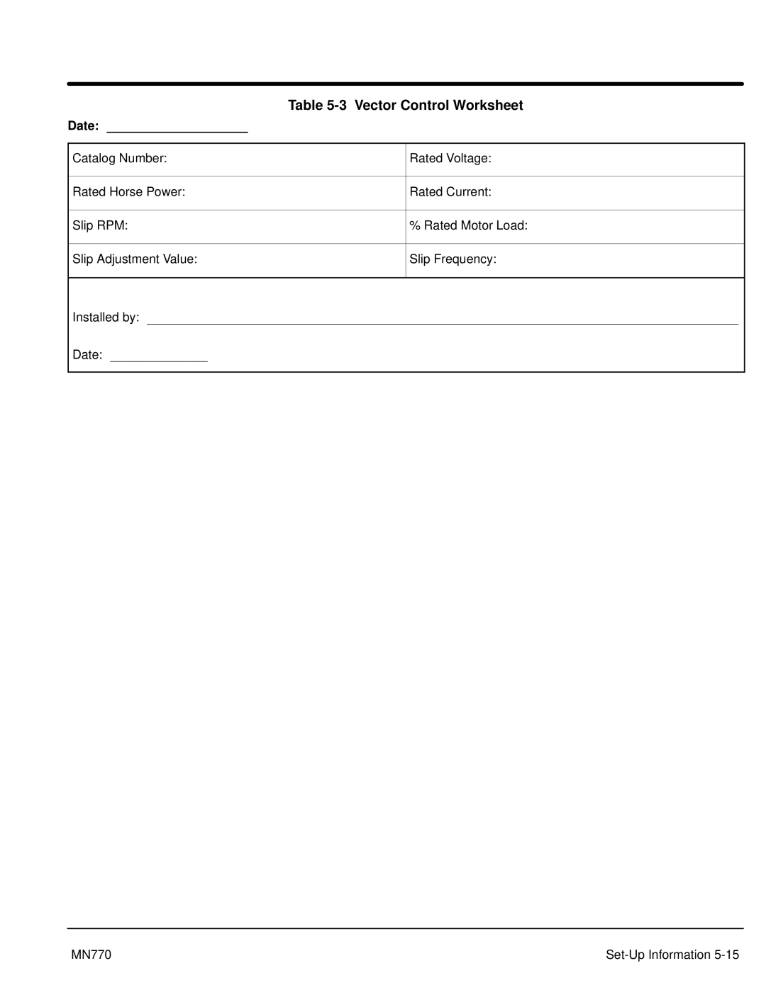 Baldor MN770 manual Vector Control Worksheet 