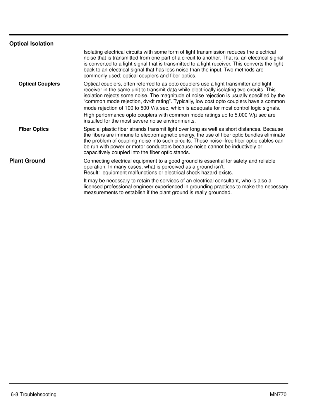 Baldor MN770 manual Optical Isolation, Plant Ground, Optical Couplers, Fiber Optics 