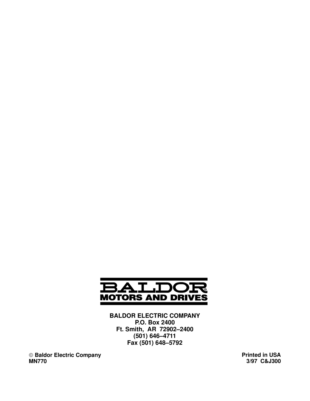 Baldor manual Box,  Baldor Electric Company MN770 97 C&J300 