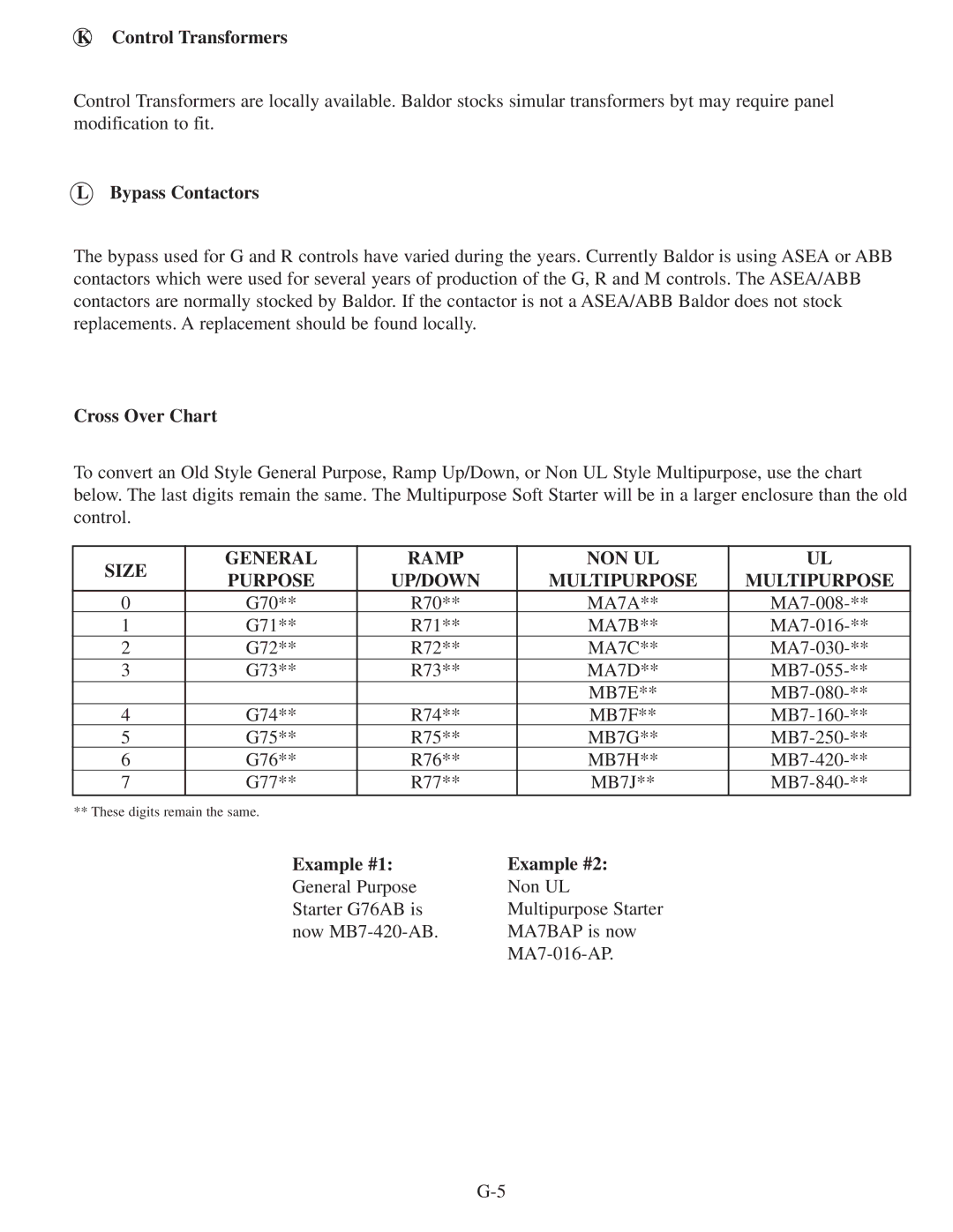 Baldor MN806 manual Control Transformers, Bypass Contactors, Cross Over Chart, Example #1 Example #2 