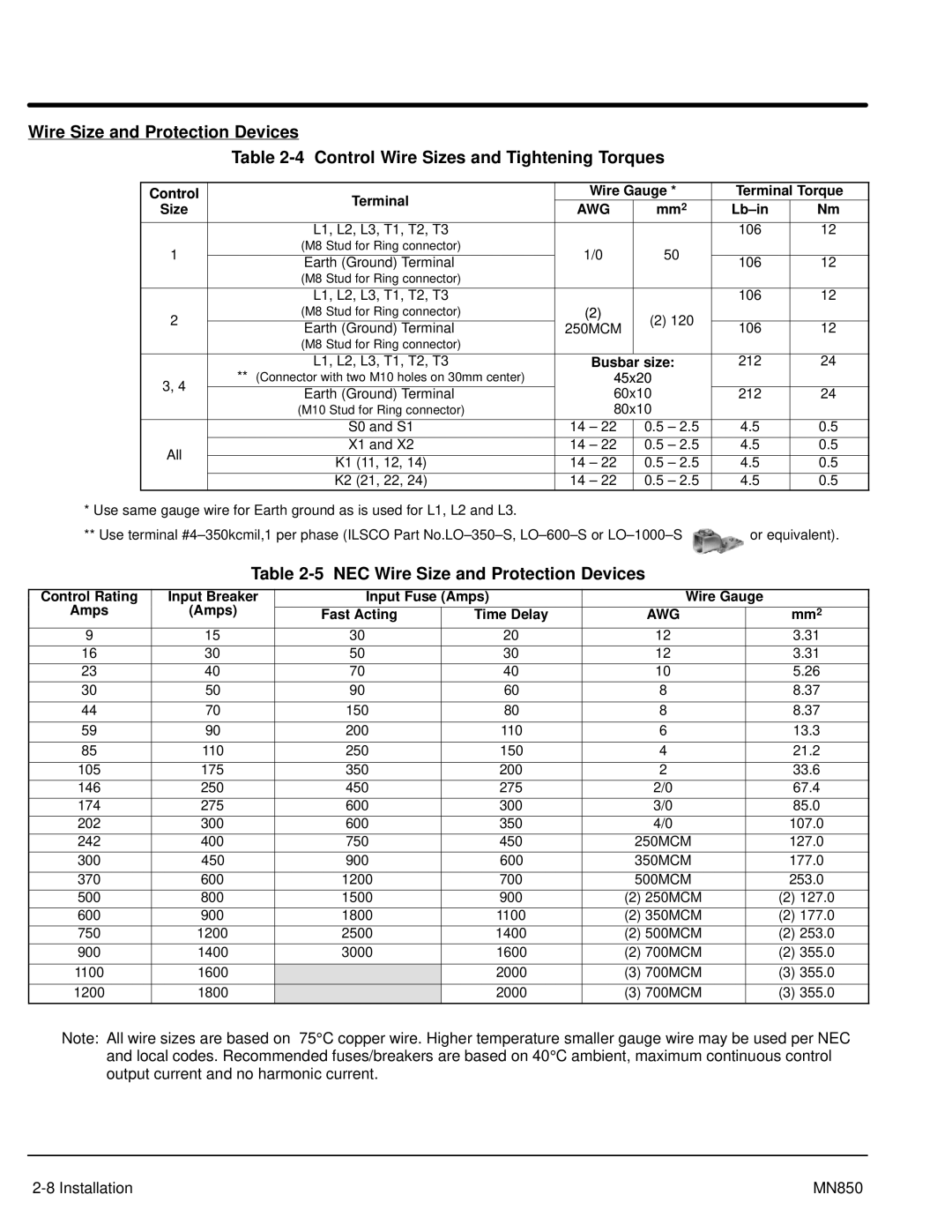 Baldor Baldor, MN850 manual NEC Wire Size and Protection Devices, 45x20 
