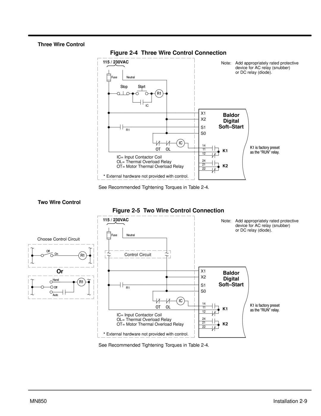 Baldor MN850, Baldor manual Three Wire Control, Two Wire Control, 115 / 230VAC 